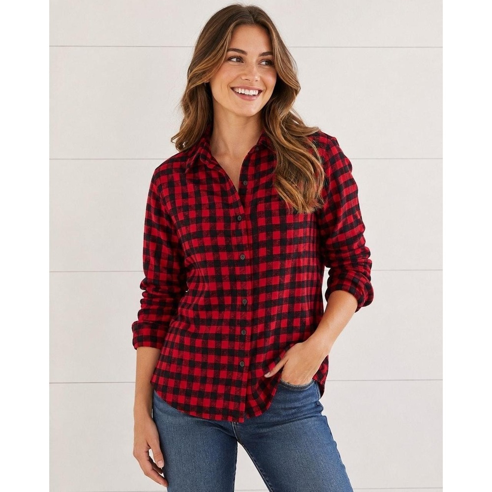 Lands End Womens Flannel Button Up Shirt Red Buffalo Plaid Medium NWOT